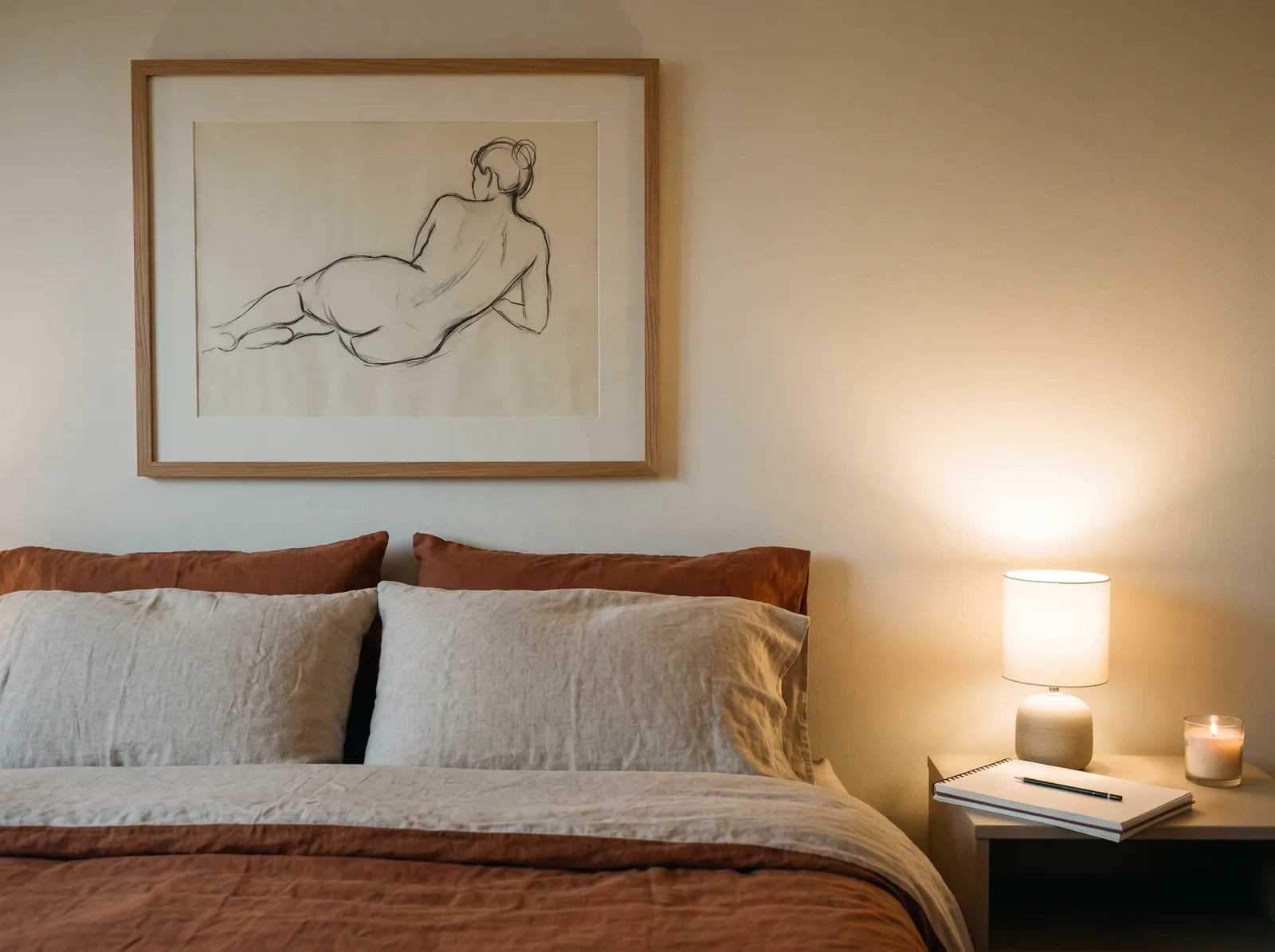 Sfeerbeeld: ingelijste lijntekening van een liggende figuur van achteren boven een opgemaakt linnen bed