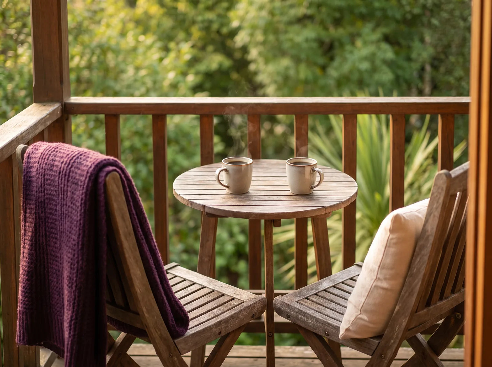 Sfeerbeeld: twee houten stoelen aan een tafeltje met twee koppen koffie op een balkon