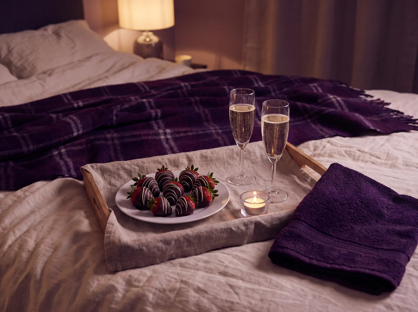 Sfeerbeeld: dienblad op bed met chocolade-aardbeien, twee glazen bubbels, een waxinelichtje en een donkere handdoek