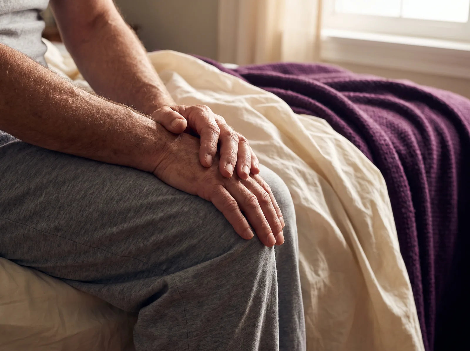 Sfeerbeeld: handen van een oudere man rusten op zijn knie op de bedrand