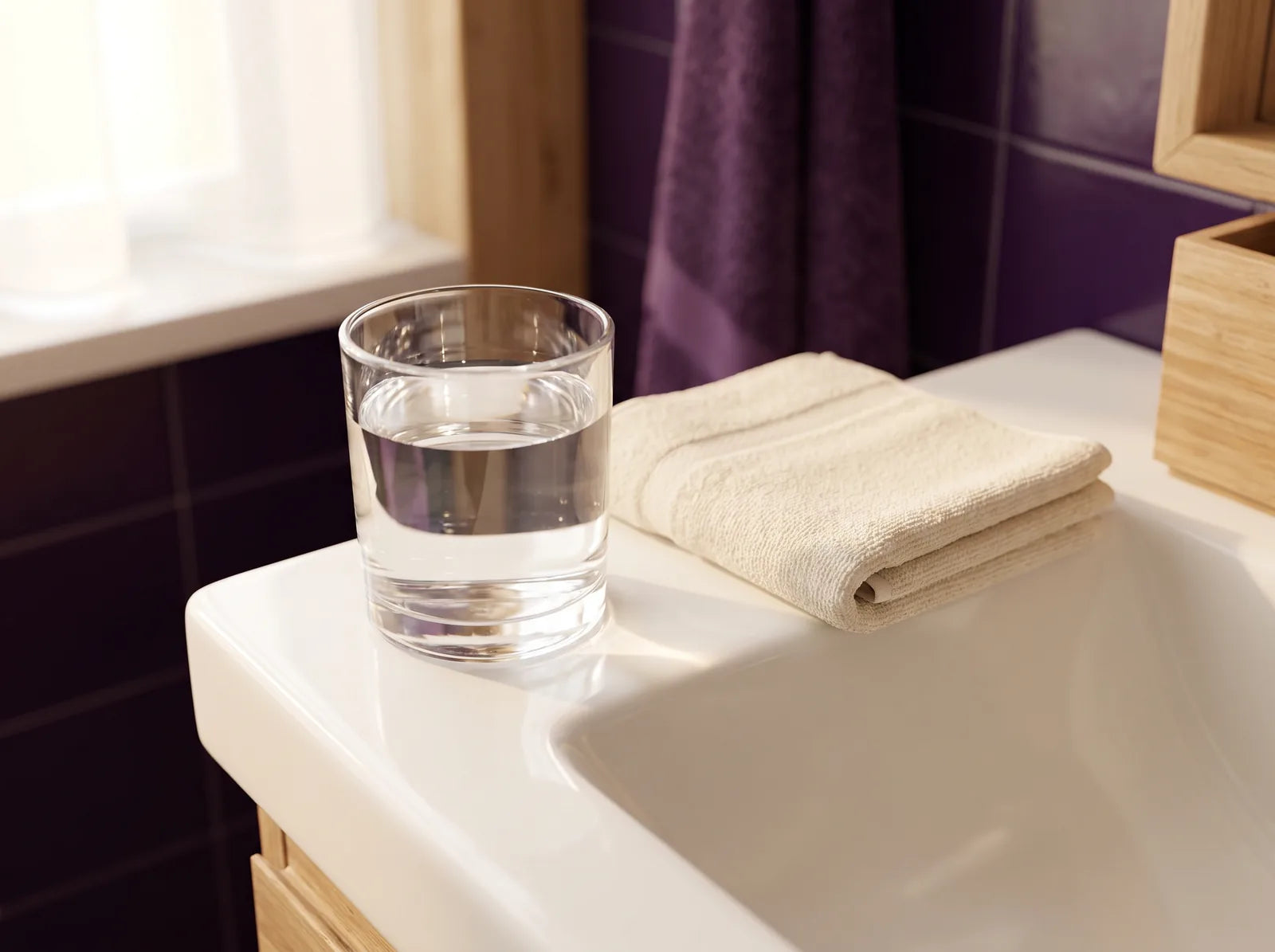 Sfeerbeeld: een glas helder water en een opgevouwen washandje op de rand van de wastafel