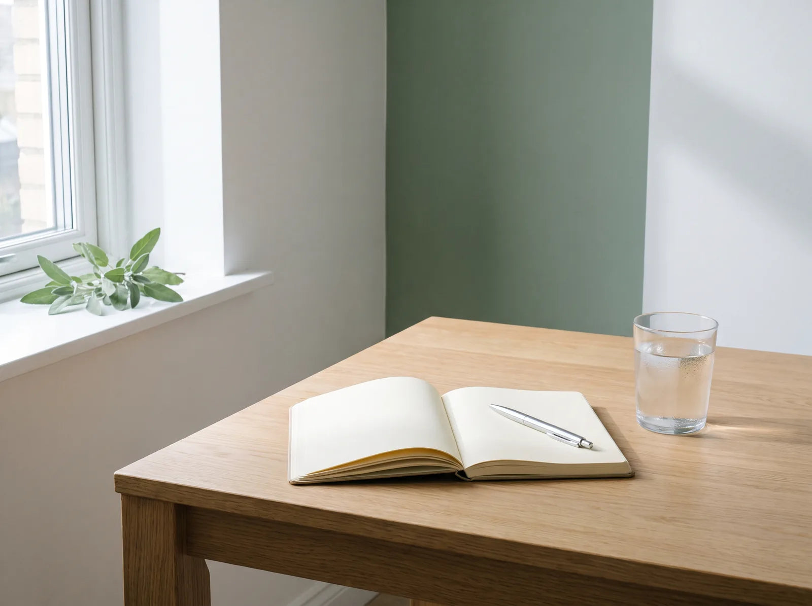 Sfeerbeeld: een opengeslagen leeg notitieboekje met een pen en een glas water op tafel