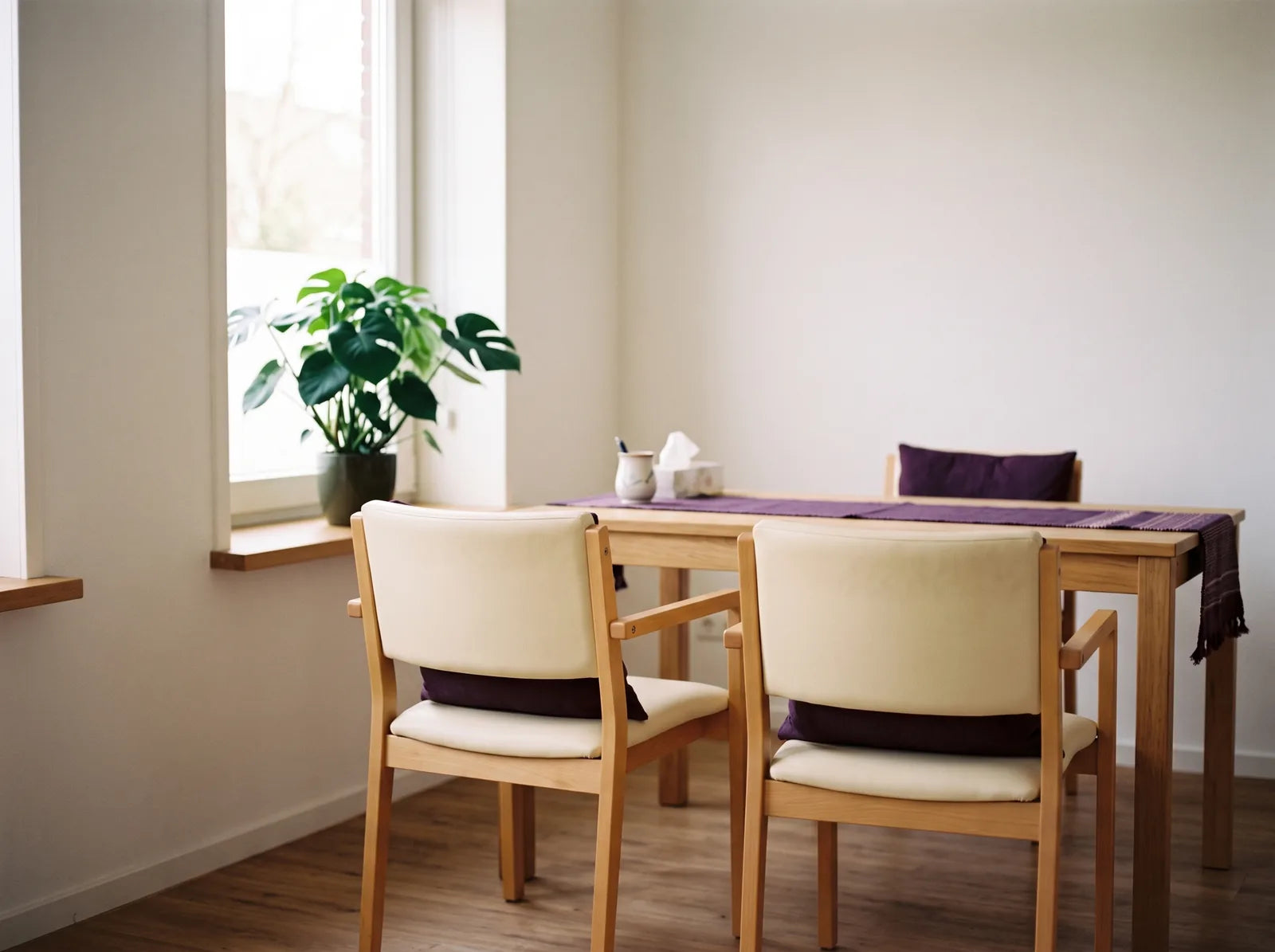 Sfeerbeeld: rustige spreekkamer met twee stoelen naast elkaar aan een tafel met tissues