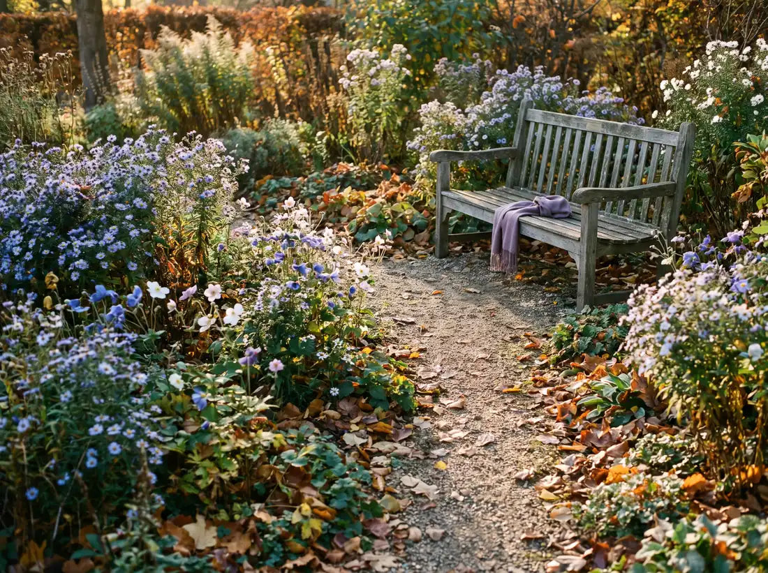 Sfeerbeeld: een tuin in de herfst met bloeiende asters en een houten bank met een sjaal