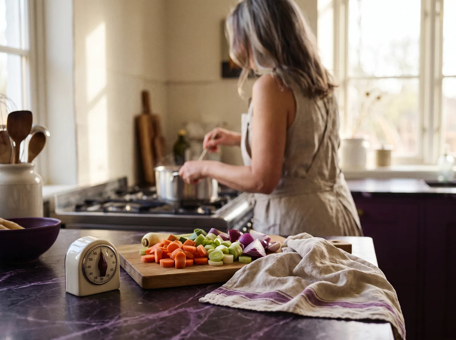 Sfeerbeeld: vrouw kookt in de keuken, met een kookwekker op het aanrecht