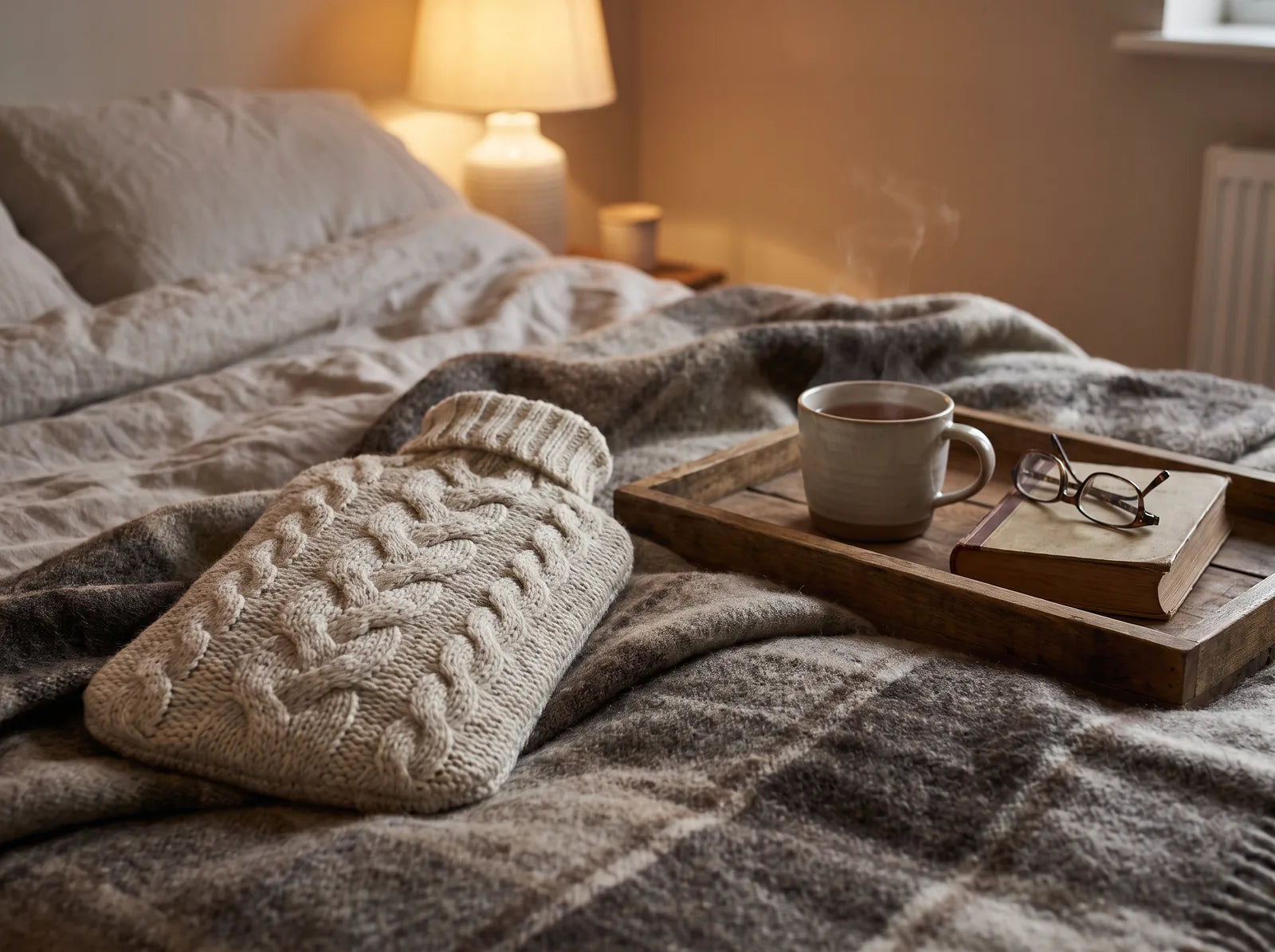 Sfeerbeeld: kruik met gebreide hoes en een kop thee op een warm bed