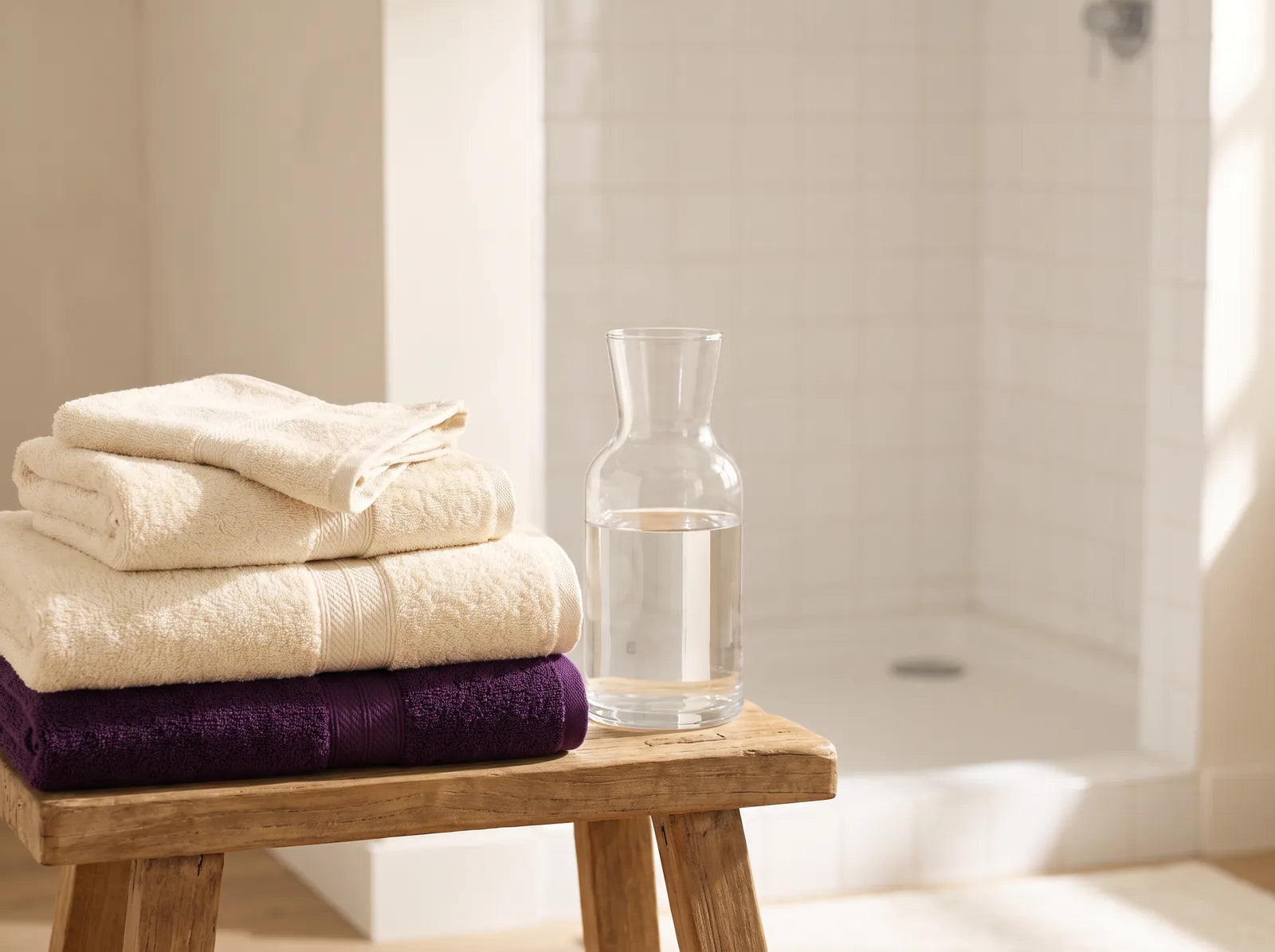 Sfeerbeeld: opgevouwen handdoeken en een karaf water op een houten krukje in de badkamer