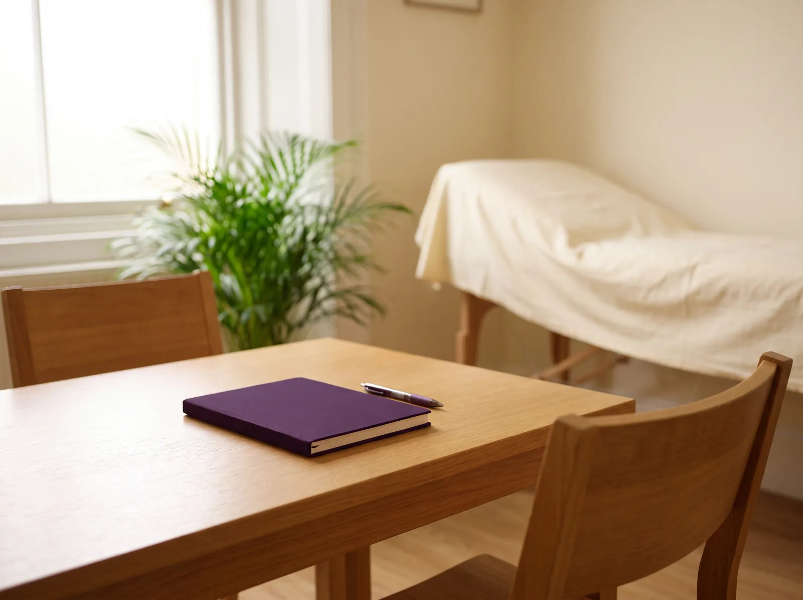 Sfeerbeeld: een rustige spreekkamer met een tafel, twee stoelen en een onderzoeksbank bij het raam