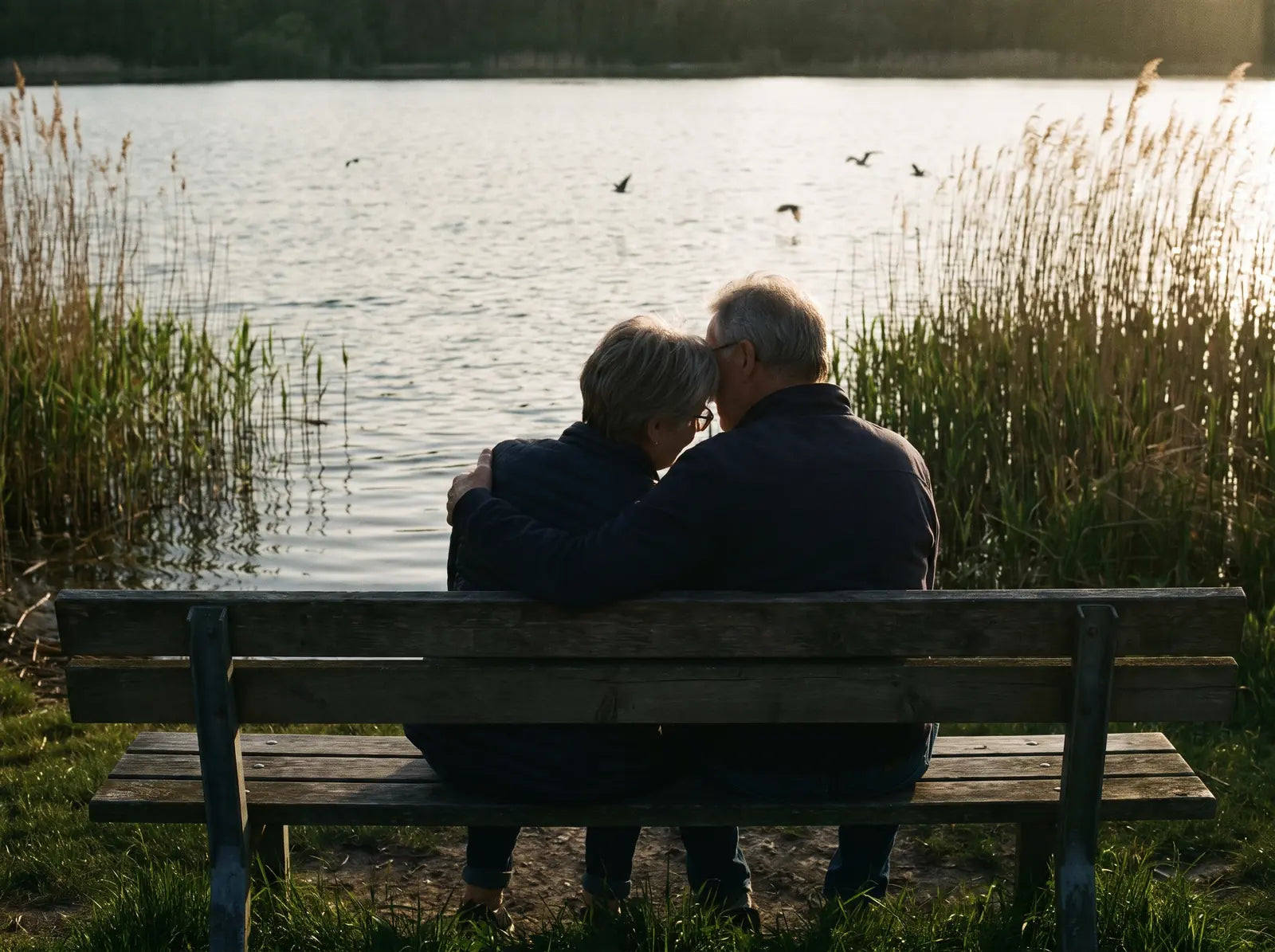 Sfeerbeeld: een ouder stel van achteren op een houten bank aan het water