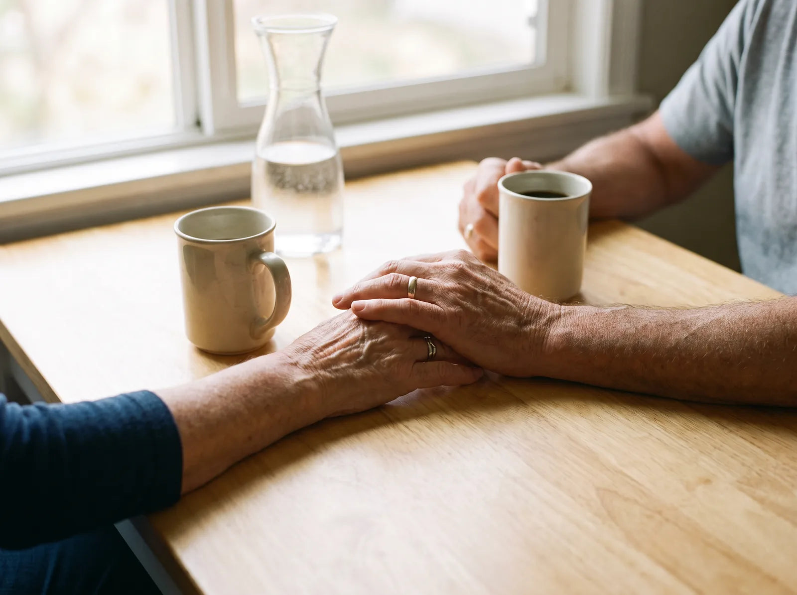 Sfeerbeeld: een ouder stel houdt elkaars hand vast aan de keukentafel bij de koffie