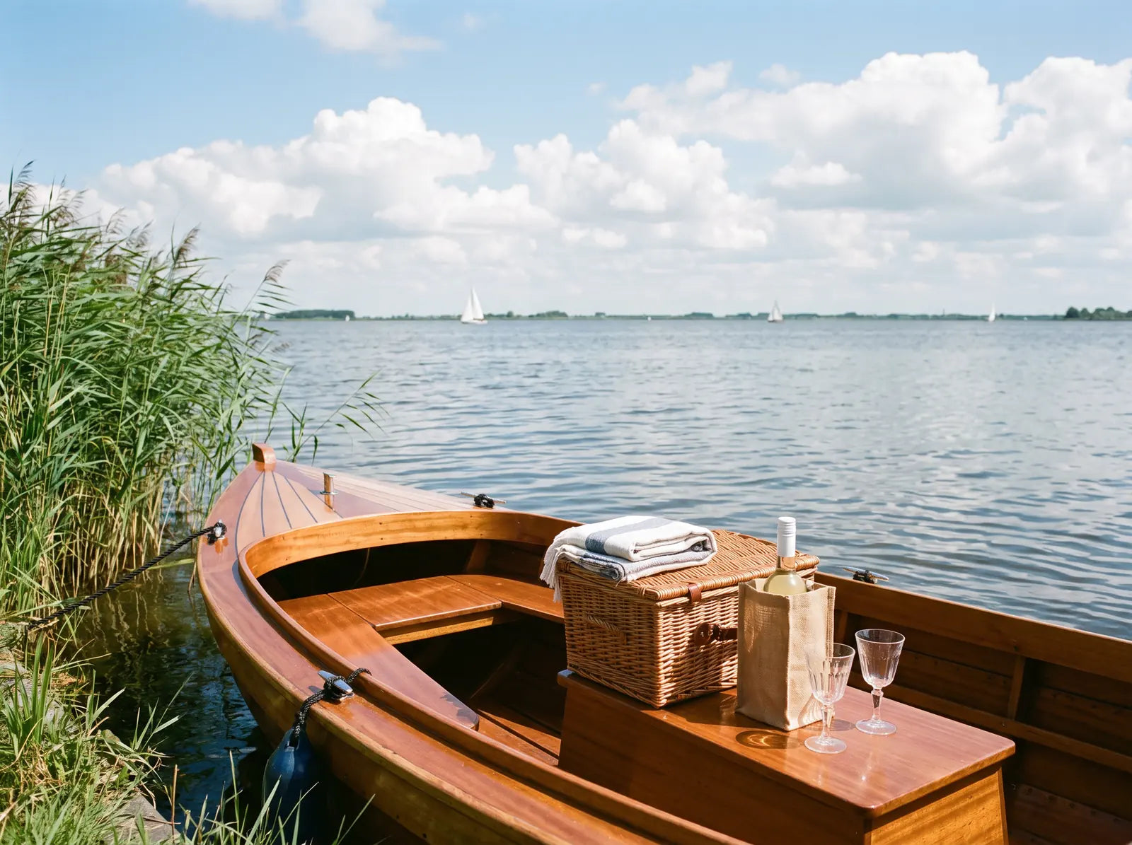 Sfeerbeeld: houten sloep met picknickmand en twee wijnglazen aan de rietkraag van een meer