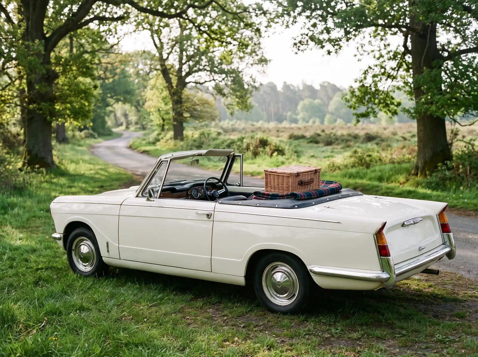 Sfeerbeeld: roomwitte oldtimer cabrio met picknickmand op een landweggetje tussen eiken