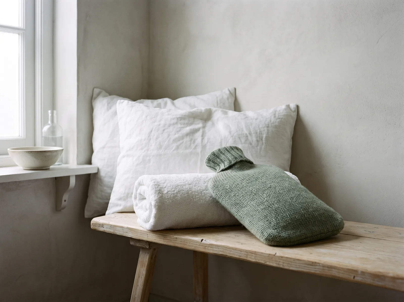 Sfeerbeeld: een kruik in een gebreide hoes en een opgerolde handdoek op een houten bank