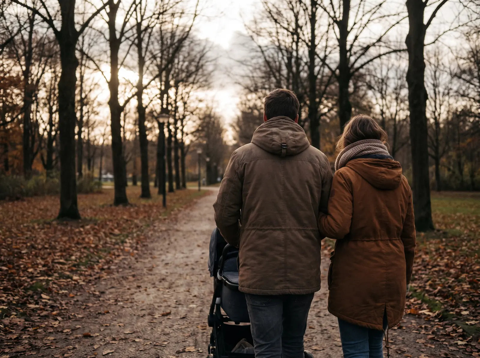 Sfeerbeeld: jong stel van achteren met een kinderwagen in een herfstig park