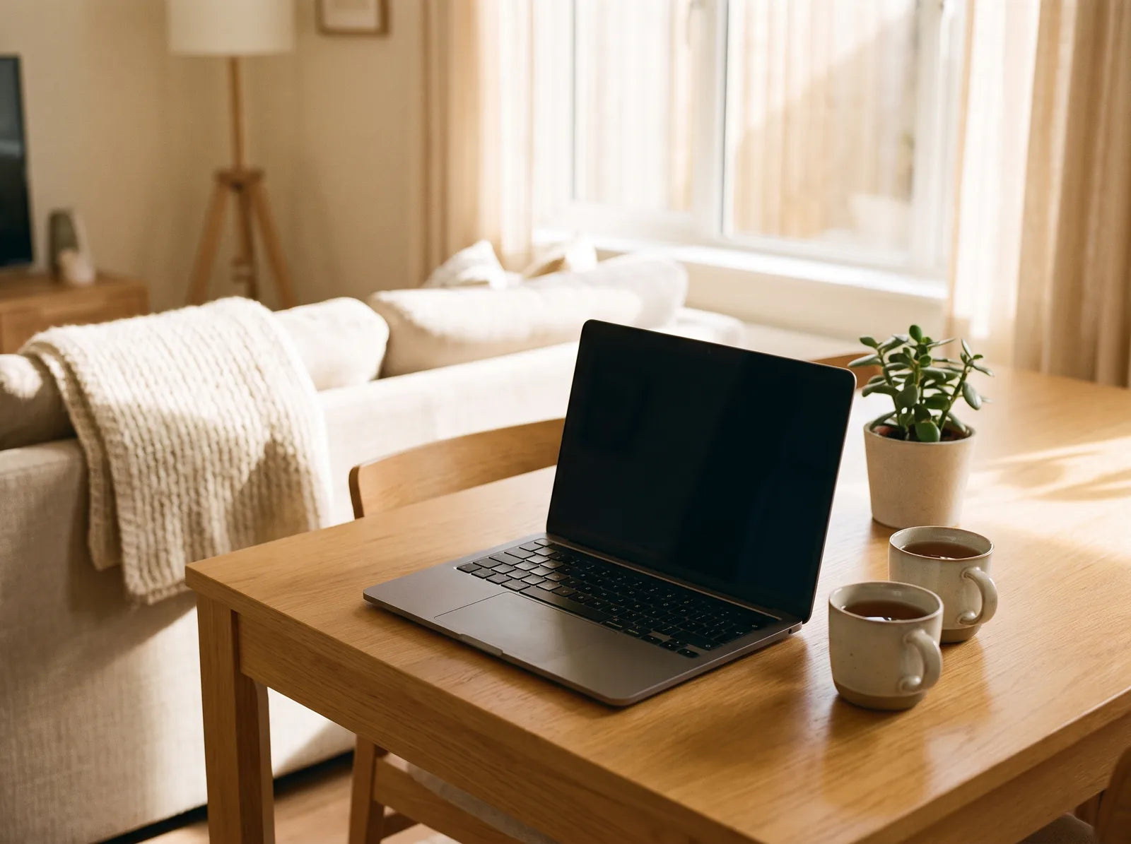 Sfeerbeeld: een opengeklapte laptop op een eettafel thuis, met twee mokken thee
