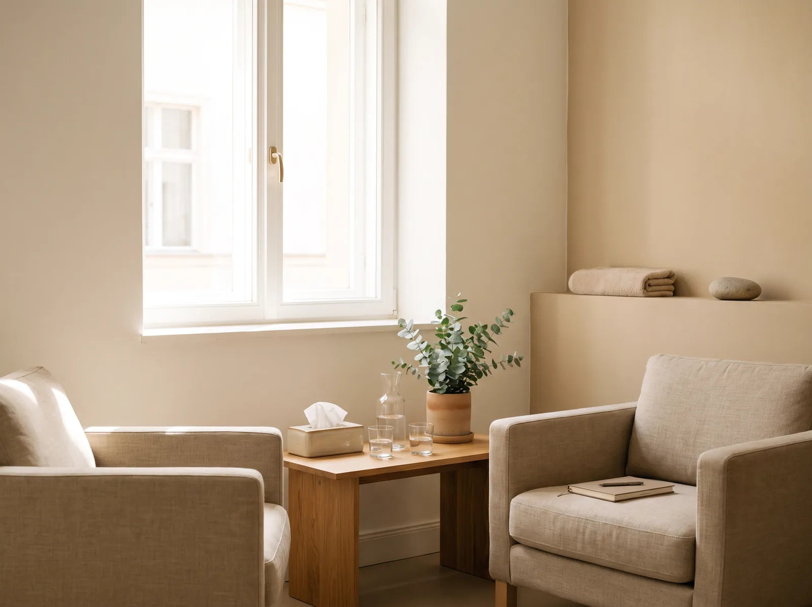 Sfeerbeeld: twee lege fauteuils tegenover elkaar in een rustige spreekkamer, met tissues en water