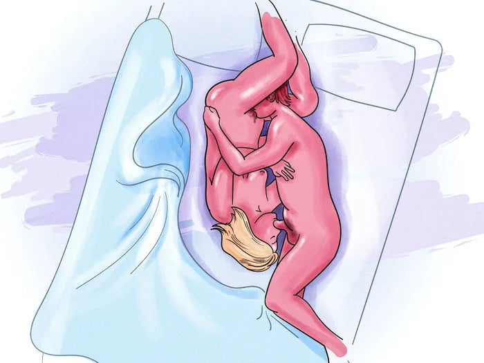 Tekening van de zijwaartse 69: een stel ligt omgekeerd op de zij in bed