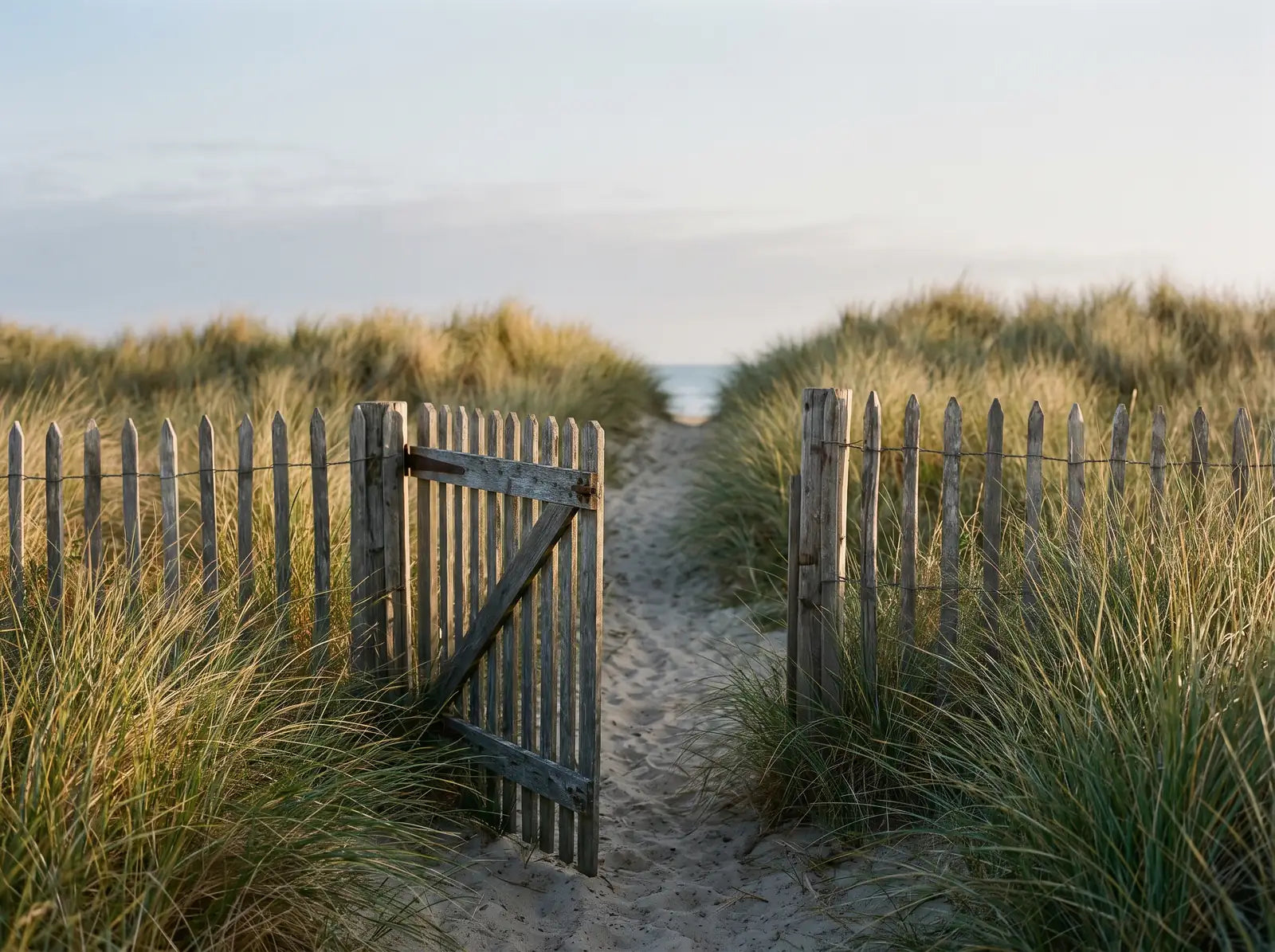 Sfeerbeeld: een openstaand houten poortje op een zandpad door de duinen in ochtendlicht