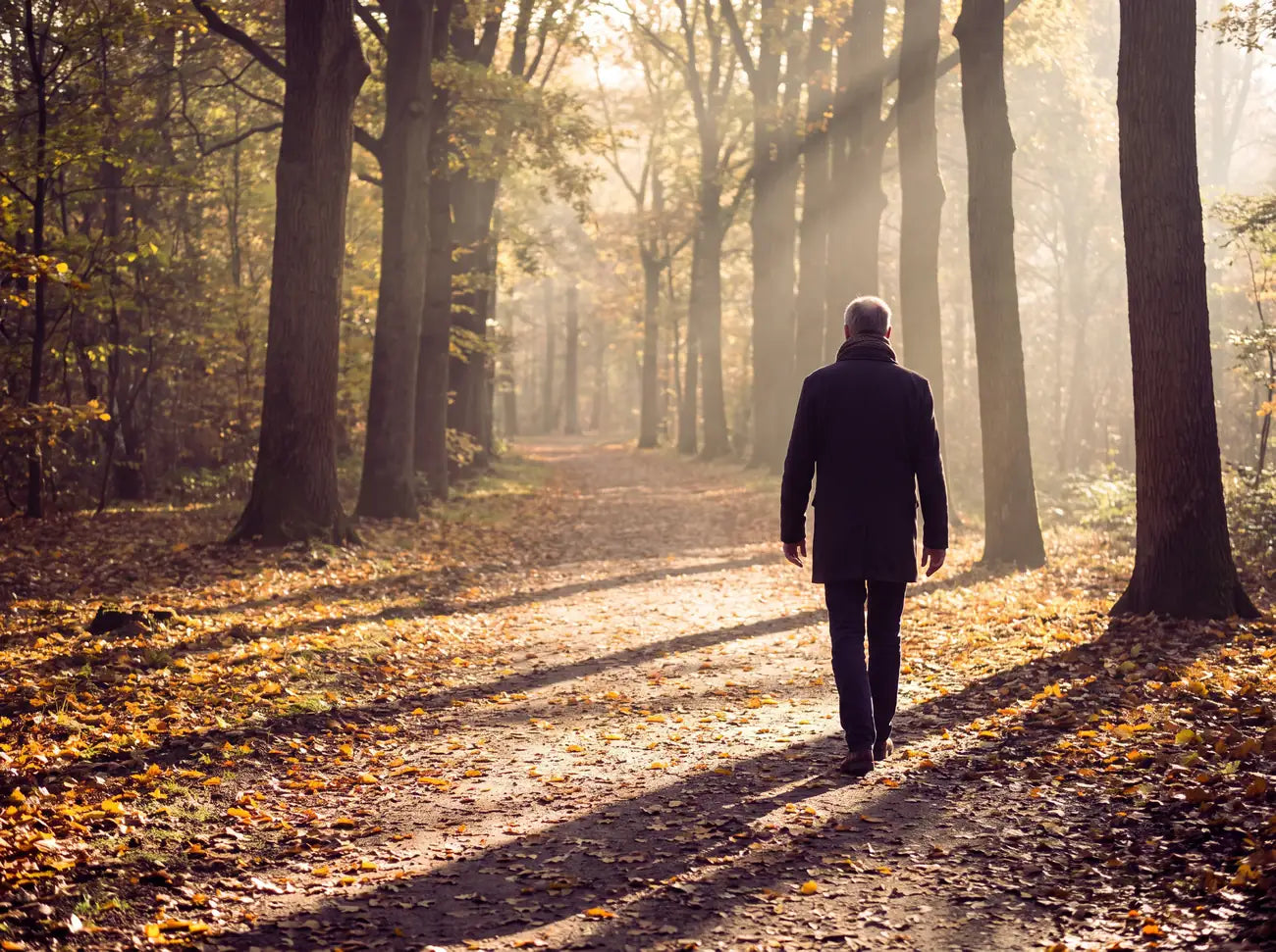 Sfeerbeeld: een oudere man wandelt van achteren gezien over een zonnig bospad in de herfst