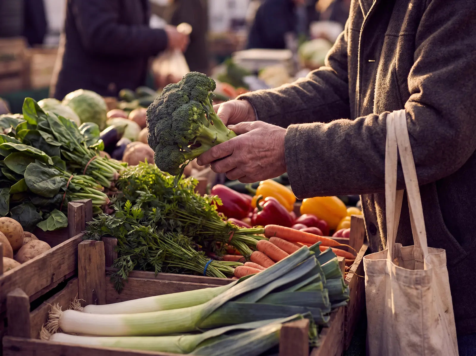 Sfeerbeeld: handen van een oudere man kiezen broccoli op de markt tussen prei, wortels en paprika