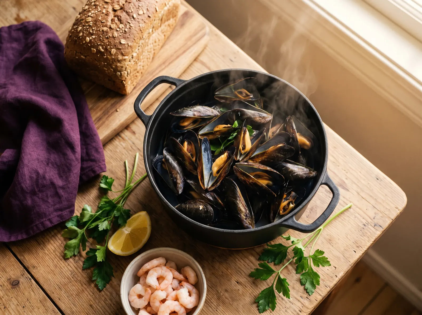 Sfeerbeeld: een pan met gekookte mosselen, een schaaltje garnalen, citroen en peterselie op een houten keukentafel