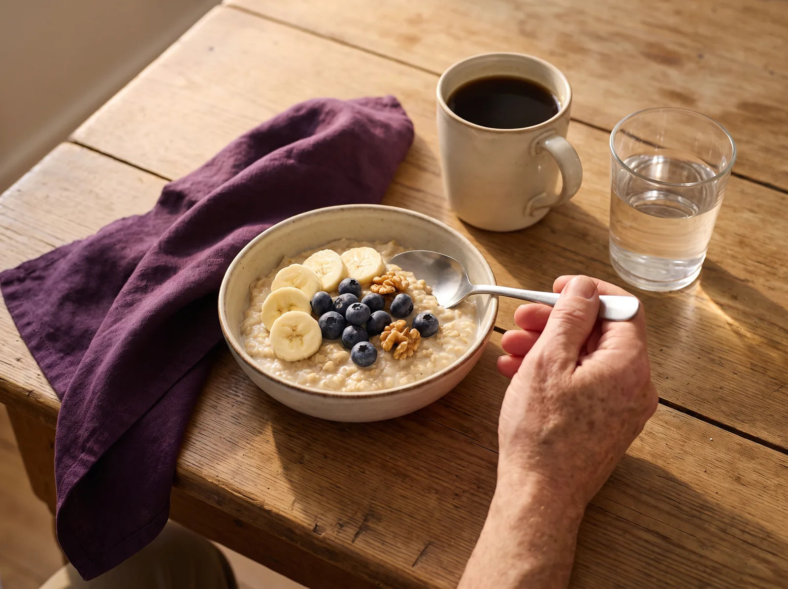Sfeerbeeld: een man eet havermout met banaan, blauwe bessen en walnoten, met koffie en water