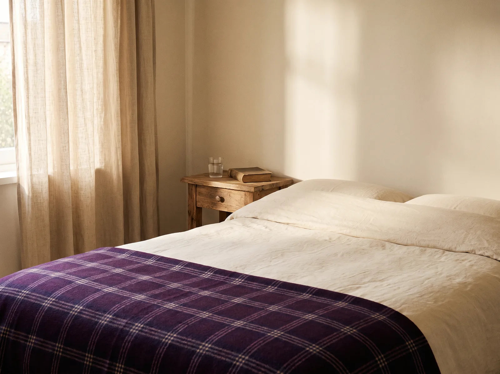 Sfeerbeeld: een rustige slaapkamer in de ochtend met een opgemaakt bed en een glas water