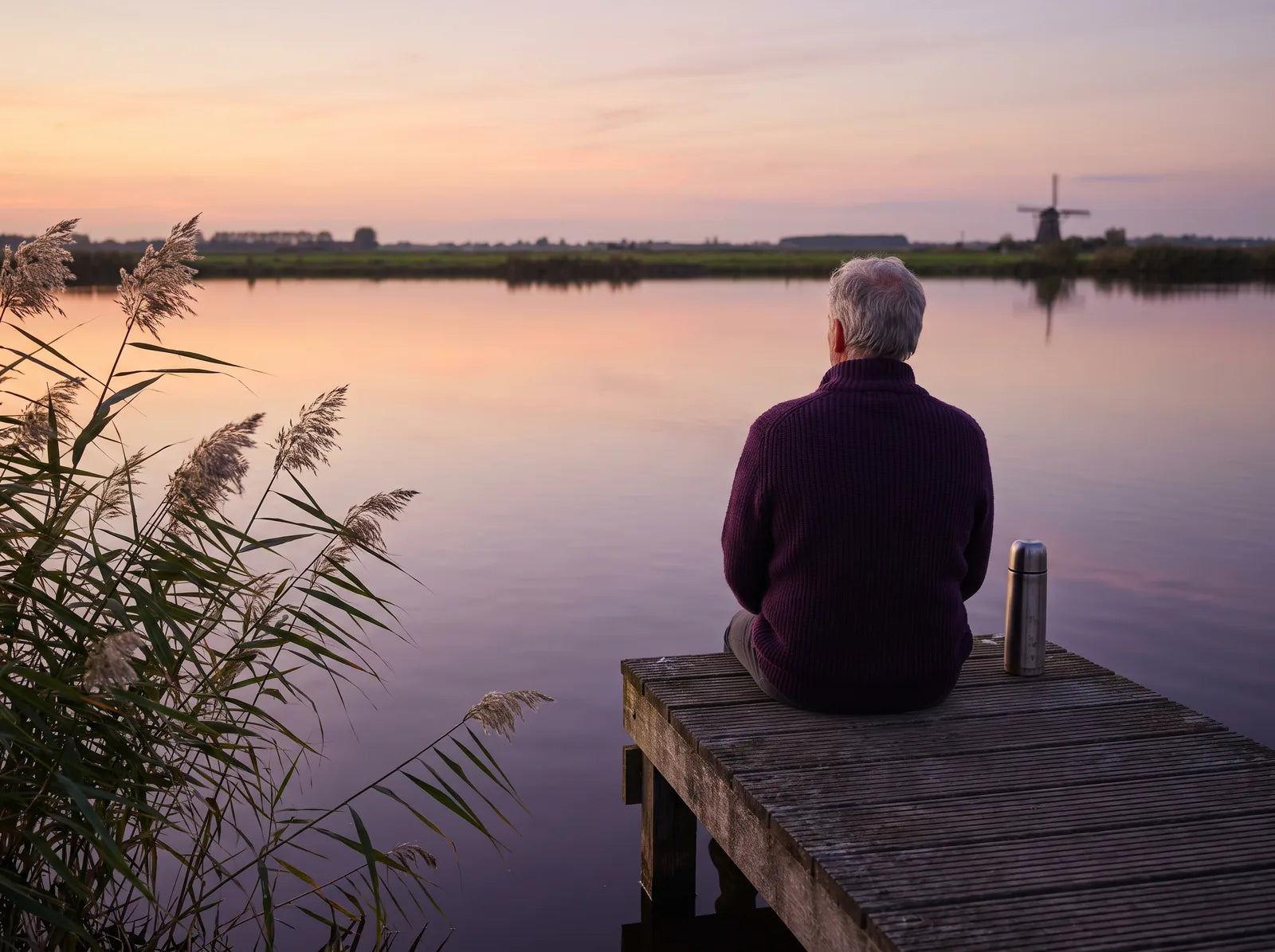 Sfeerbeeld: man zit bij zonsondergang op een steiger aan een stil meer, met een molen in de verte