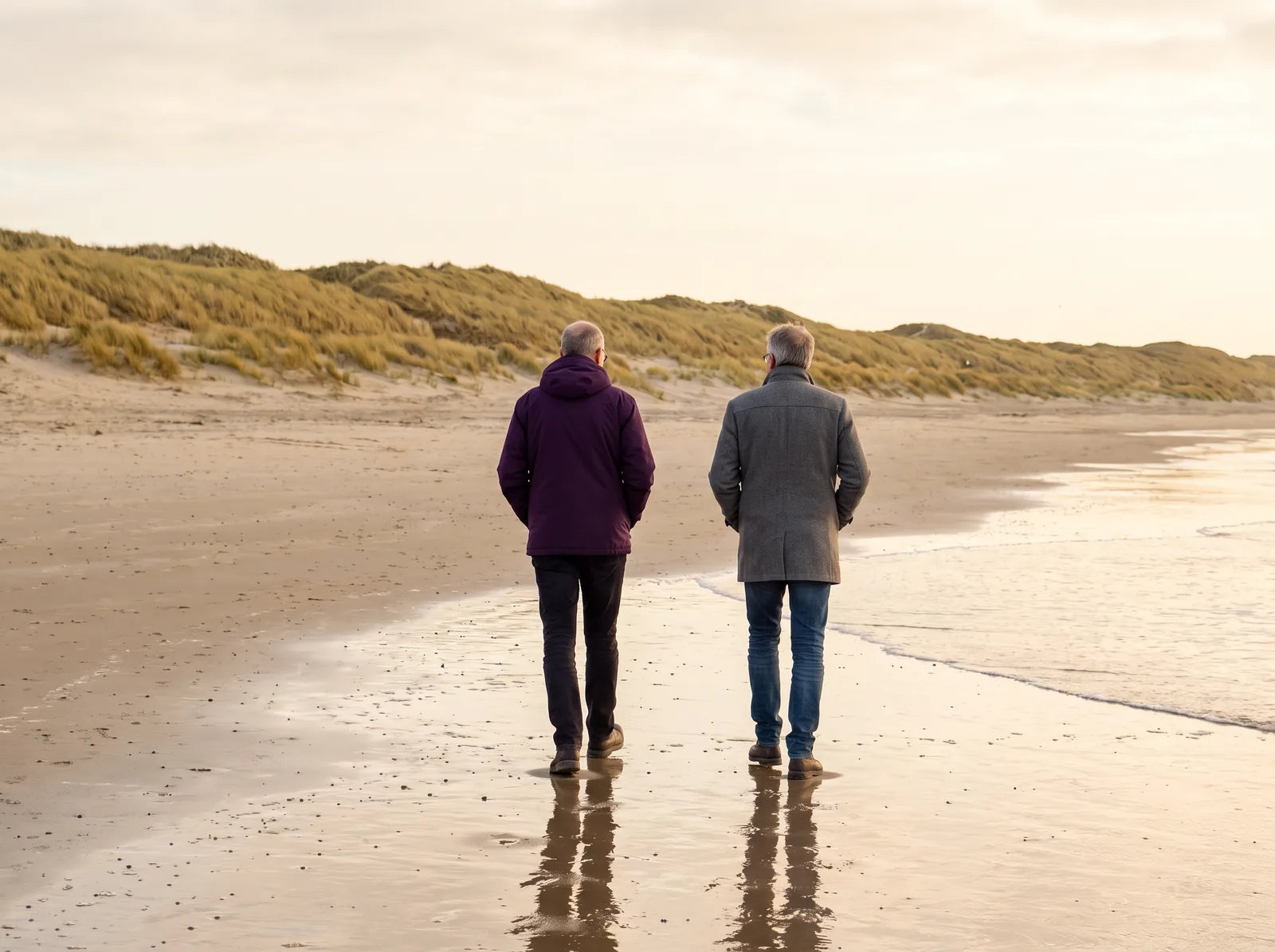 Sfeerbeeld: twee mannen van middelbare leeftijd wandelen in gesprek over het strand langs de zee