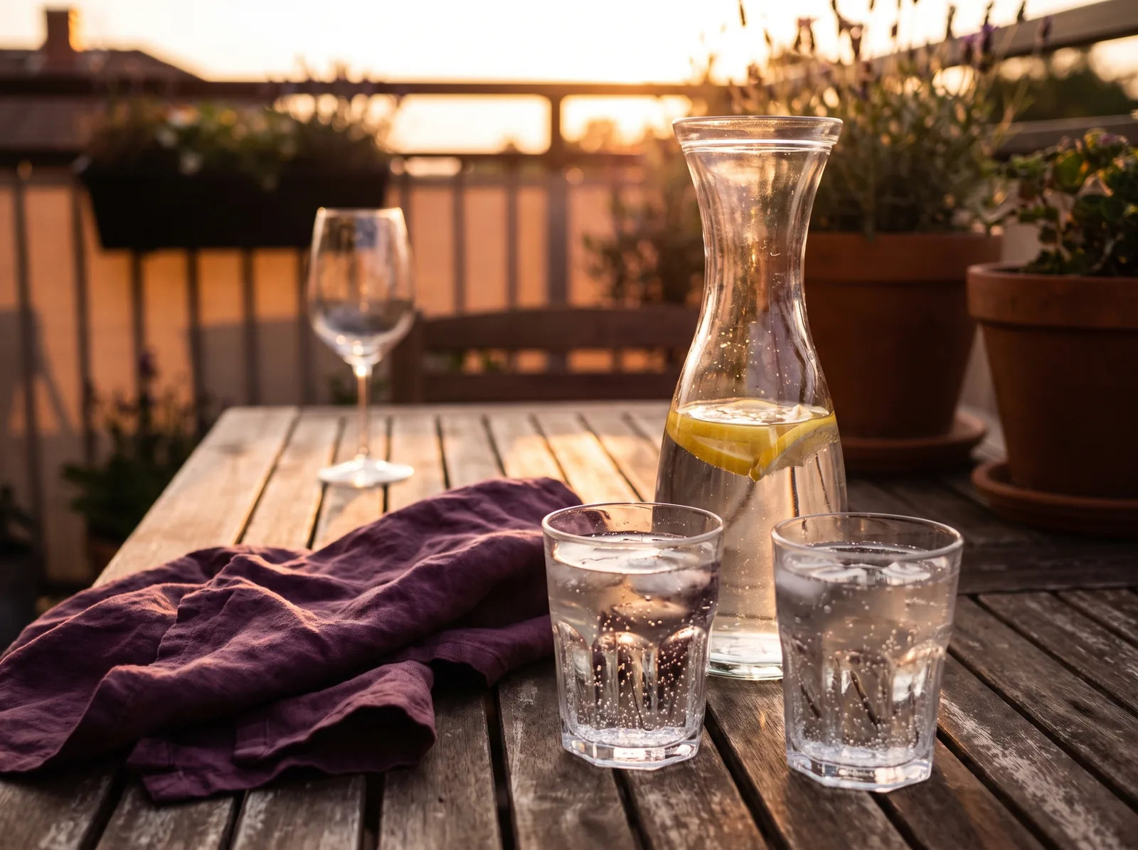Sfeerbeeld: karaf water met citroen en twee glazen bruiswater op een terras, het wijnglas staat apart