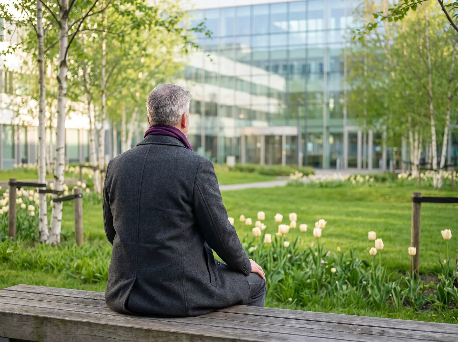 Sfeerbeeld: man met grijs haar zit op een bankje in de tuin van een ziekenhuis, tussen berken en tulpen