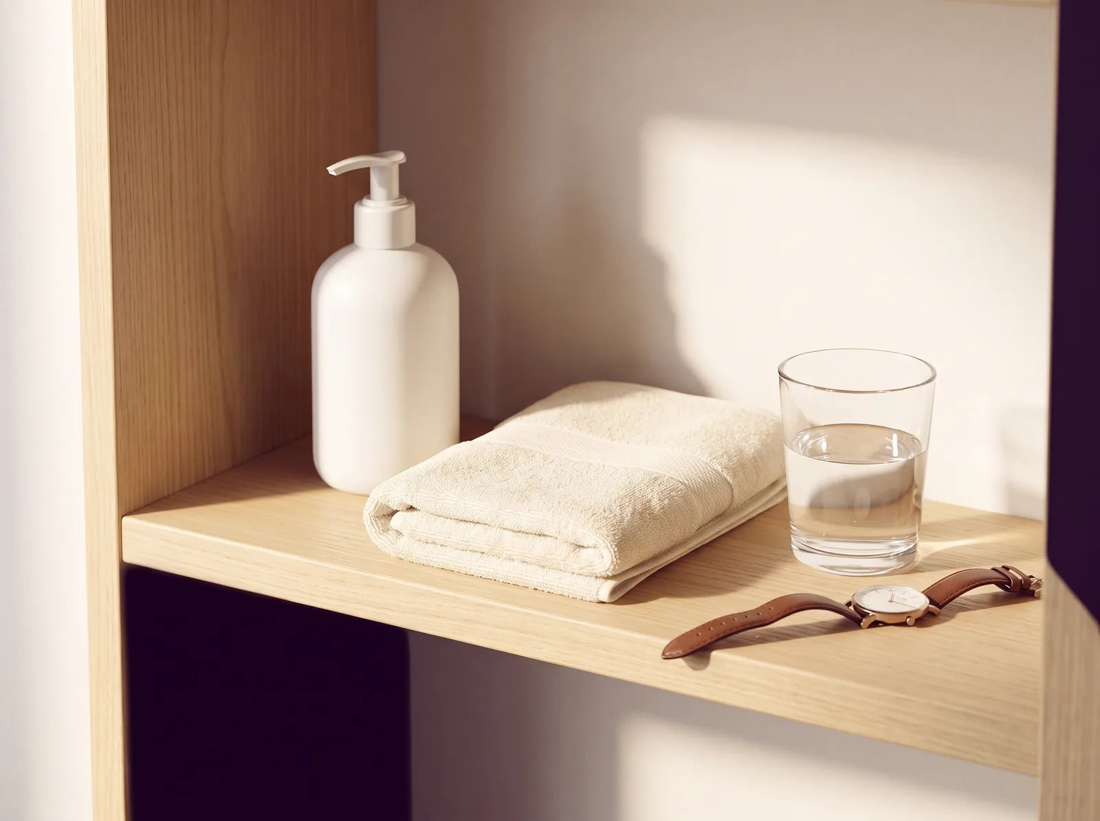 Sfeerbeeld: witte pompfles zonder etiket, handdoek, glas water en horloge op een badkamerplank