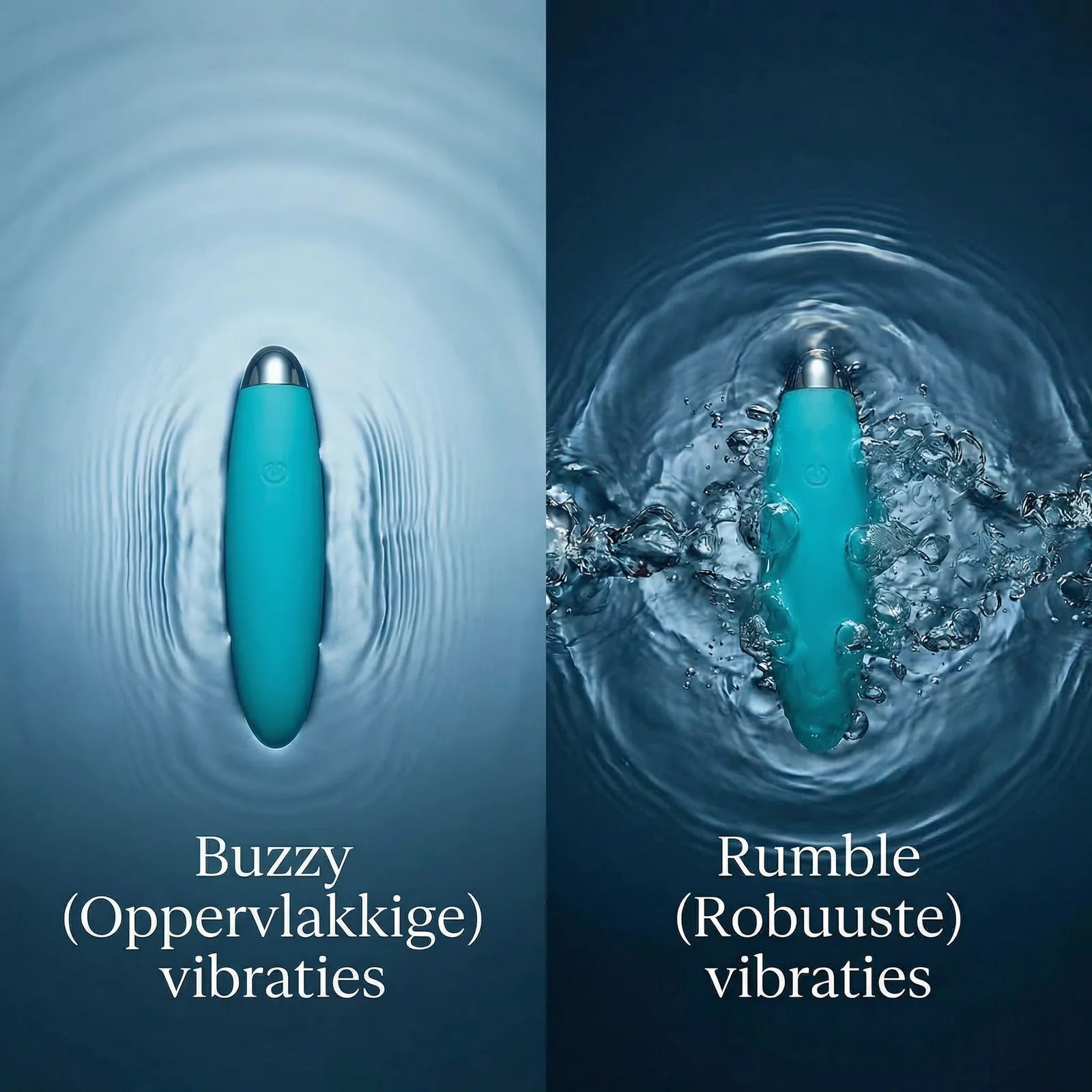 Sfeerbeeld: een buzzy vibrator maakt fijne kringen in water, een rumble vibrator laat het opspatten