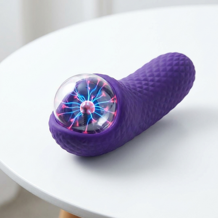 ZANTO plasmavibrator in paars met een oplichtende plasmabol in de kop, op een witte tafel