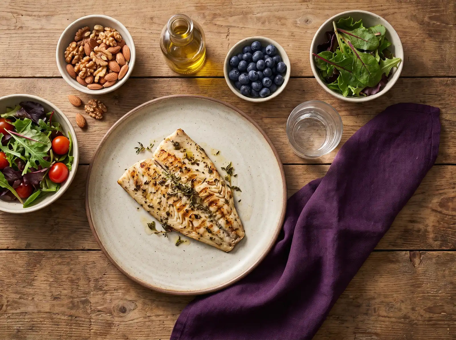 Sfeerbeeld: een bord gegrilde vis met salade, noten, blauwe bessen, olijfolie en een glas water op een houten tafel