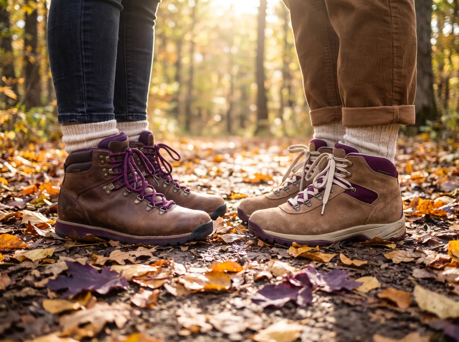 Sfeerbeeld: twee paar wandelschoenen van een stel op een bospad vol herfstbladeren