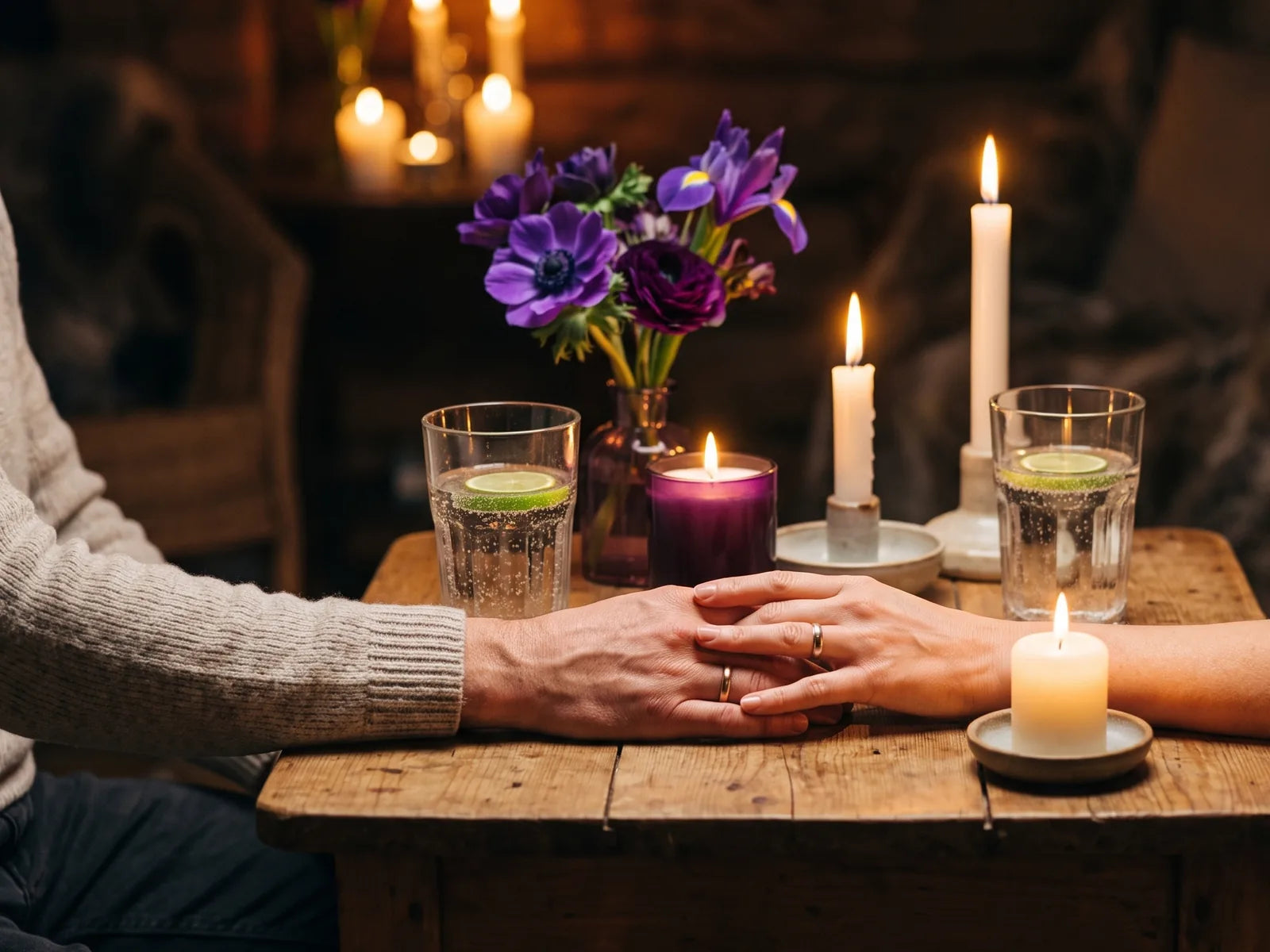Sfeerbeeld: twee handen raken elkaar aan op een houten tafel bij kaarslicht, met glazen bruisend water