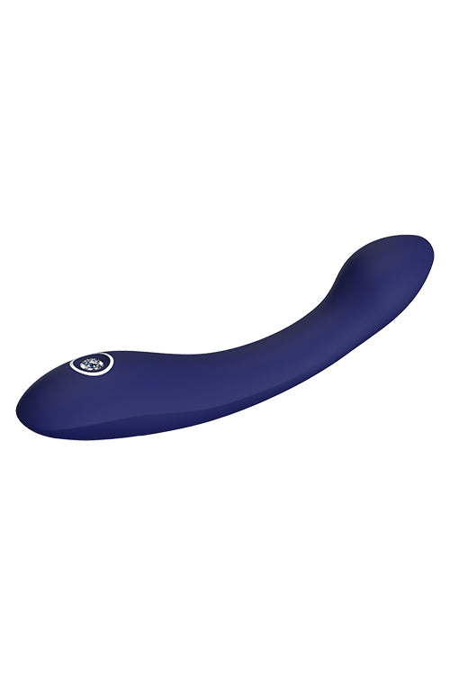 Hybris Blue Evolution donkerblauwe siliconen vibrator gebogen vorm met strassteentje zijaanzicht