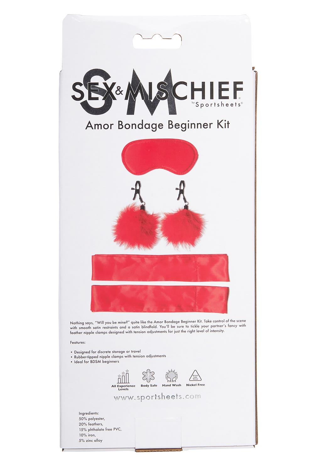 Achterkant verpakking met inhoud en samenstelling, Amor Bondage Beginner Kit van Sex & Mischief