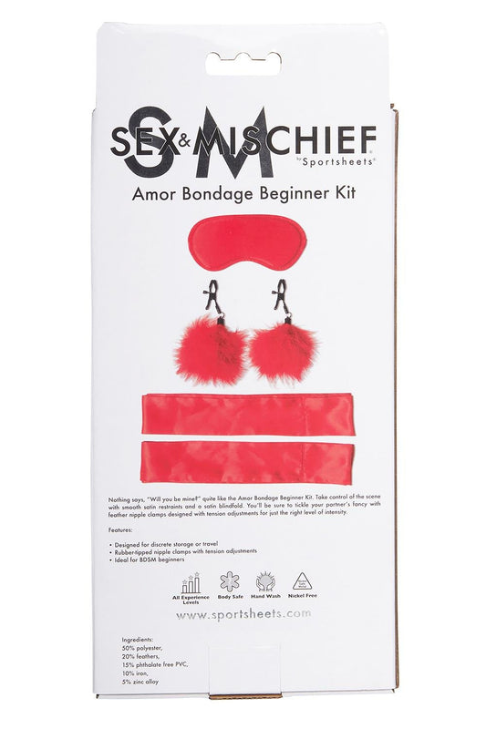 Achterkant verpakking met inhoud en samenstelling, Amor Bondage Beginner Kit van Sex & Mischief
