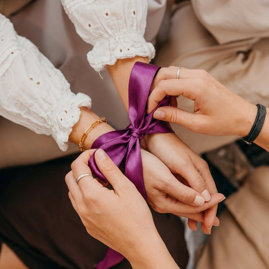 vrouw met paarse lint om haar handen
