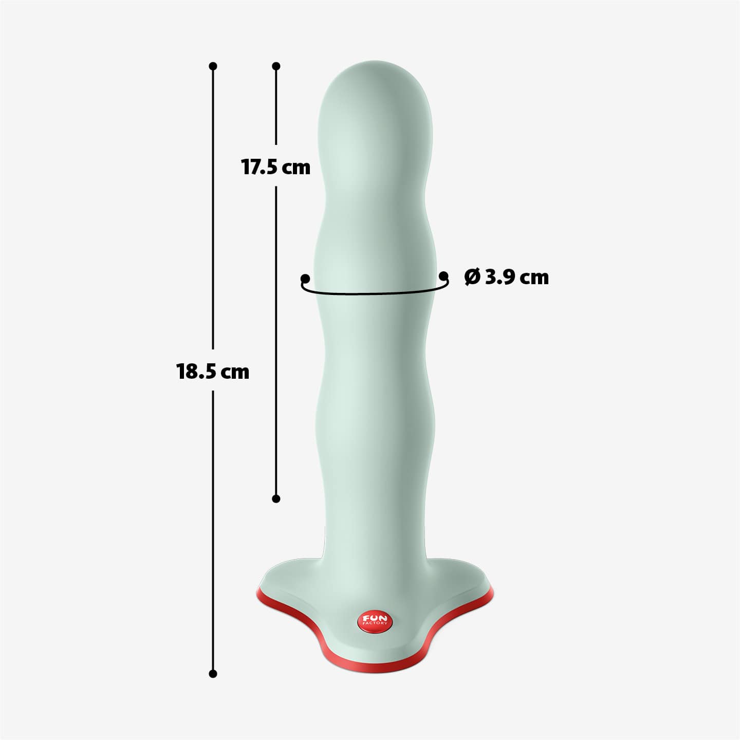 Maatfoto van de Bouncer: 18,5 cm lang, 17,5 cm inbrengbaar, 3,9 cm dik, Fun Factory