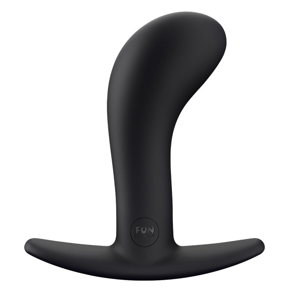 Zwarte Bootie Large van opzij: gebogen schacht met verdikte punt en brede T-voet, Fun Factory