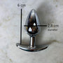 Zilverkleurige metalen buttplug maat S met afmetingen 6 cm x 2,8 cm, bovenaanzicht