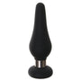 Kleine zwarte siliconen buttplug voor beginners, druppelvorm met zilverkleurige metalen ring.