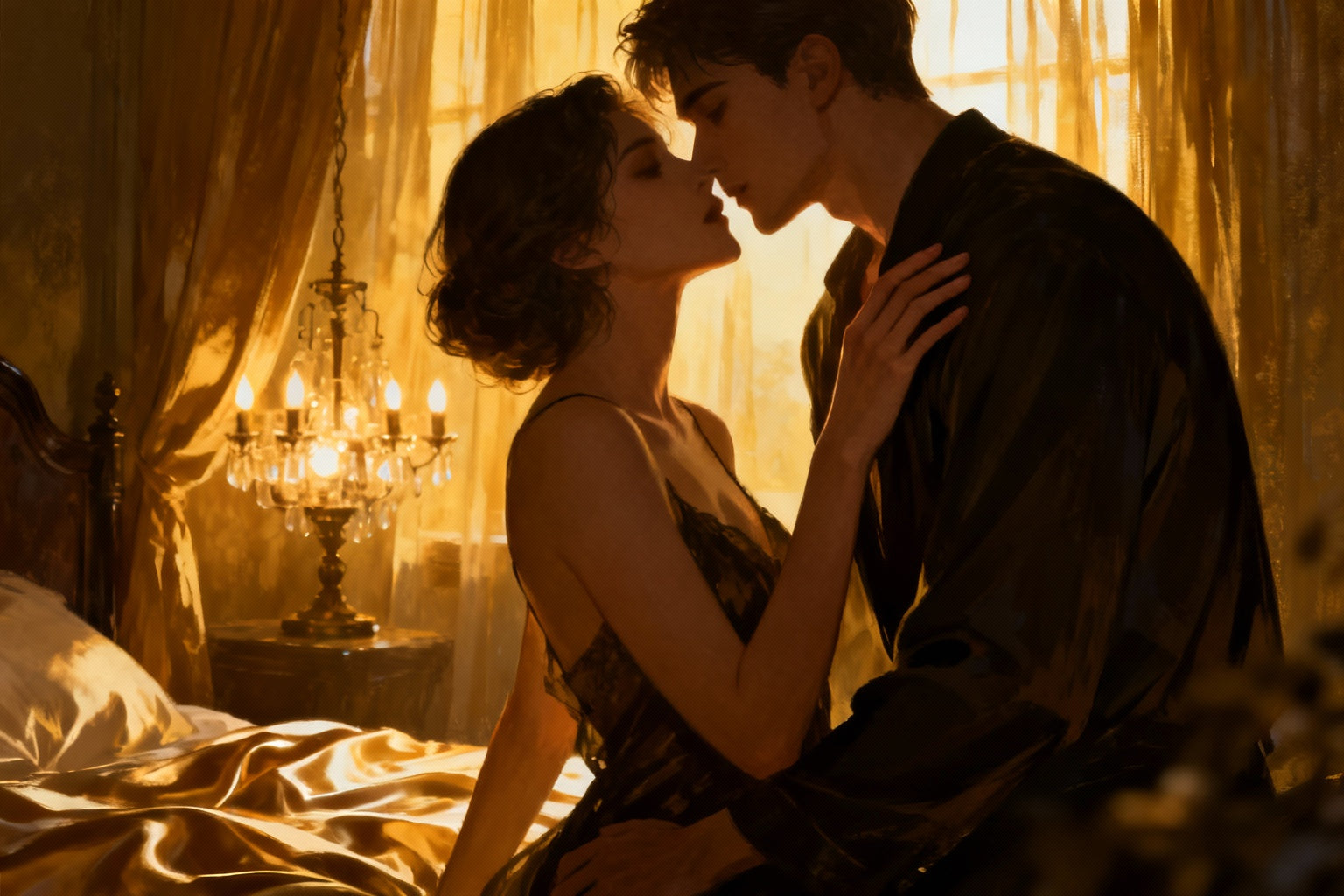 Een beklemmend moment waarin macht, spanning en verlangen samenkomen in een intieme, verborgen ruimte.