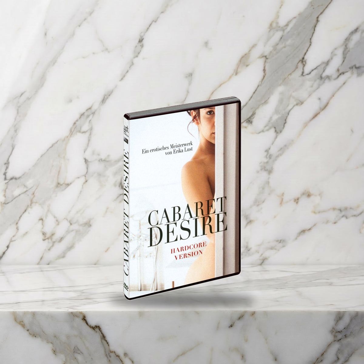 Dvd-hoes Cabaret Desire rechtop op een marmeren plank, film van Erika Lust