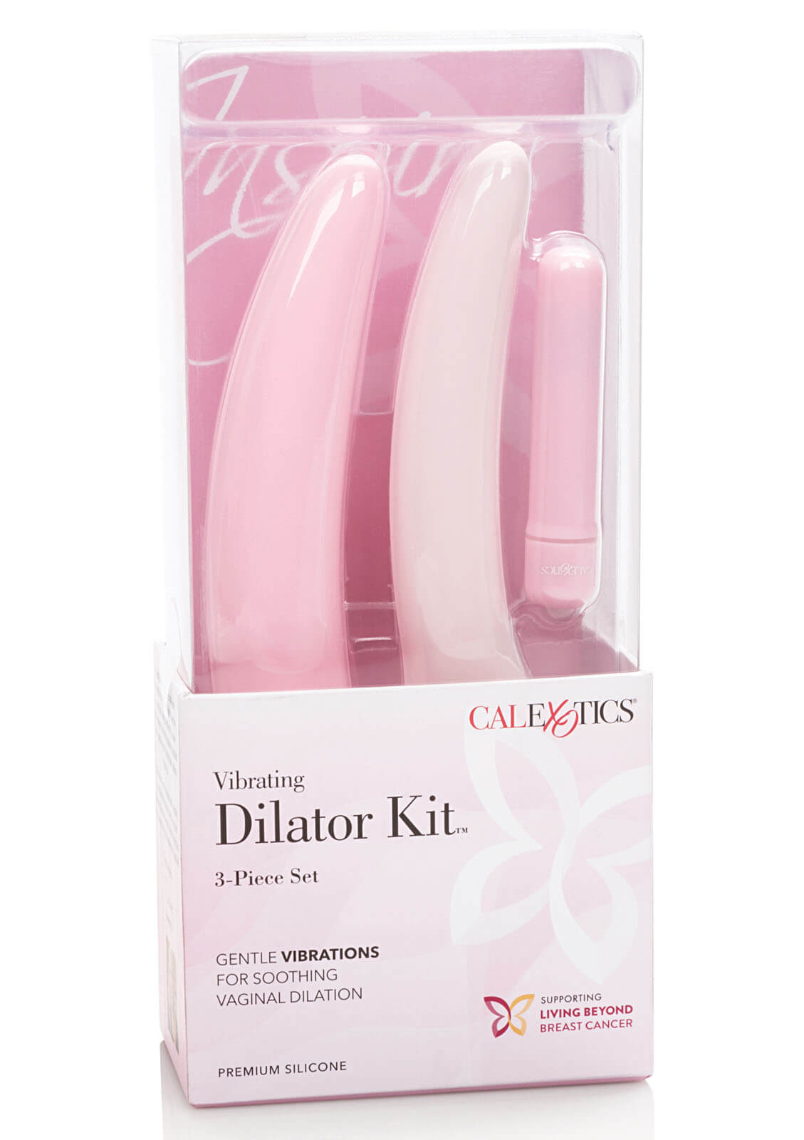 Inspire dilatorset in de verpakking met twee roze siliconen dilators en een bullet vibrator