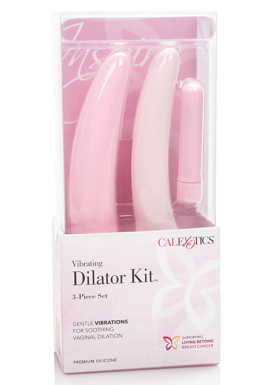 Inspire dilatorset in de verpakking met twee roze siliconen dilators en een bullet vibrator