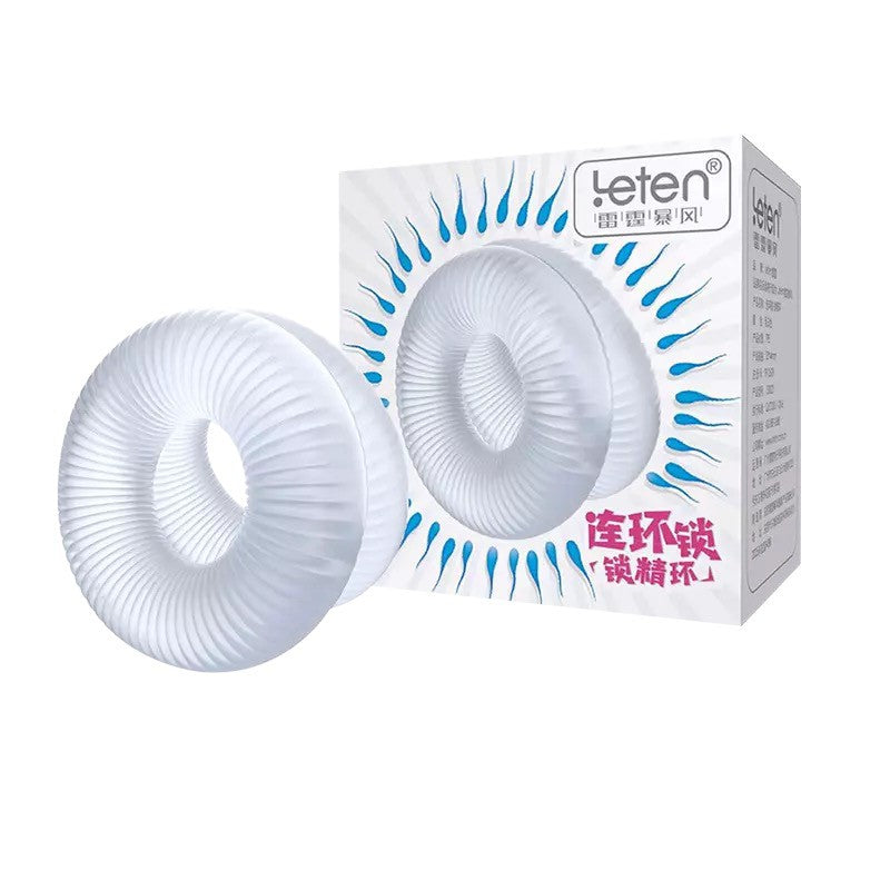 Leten dubbele cockring set van transparant siliconen met geribbelde textuur in verpakking